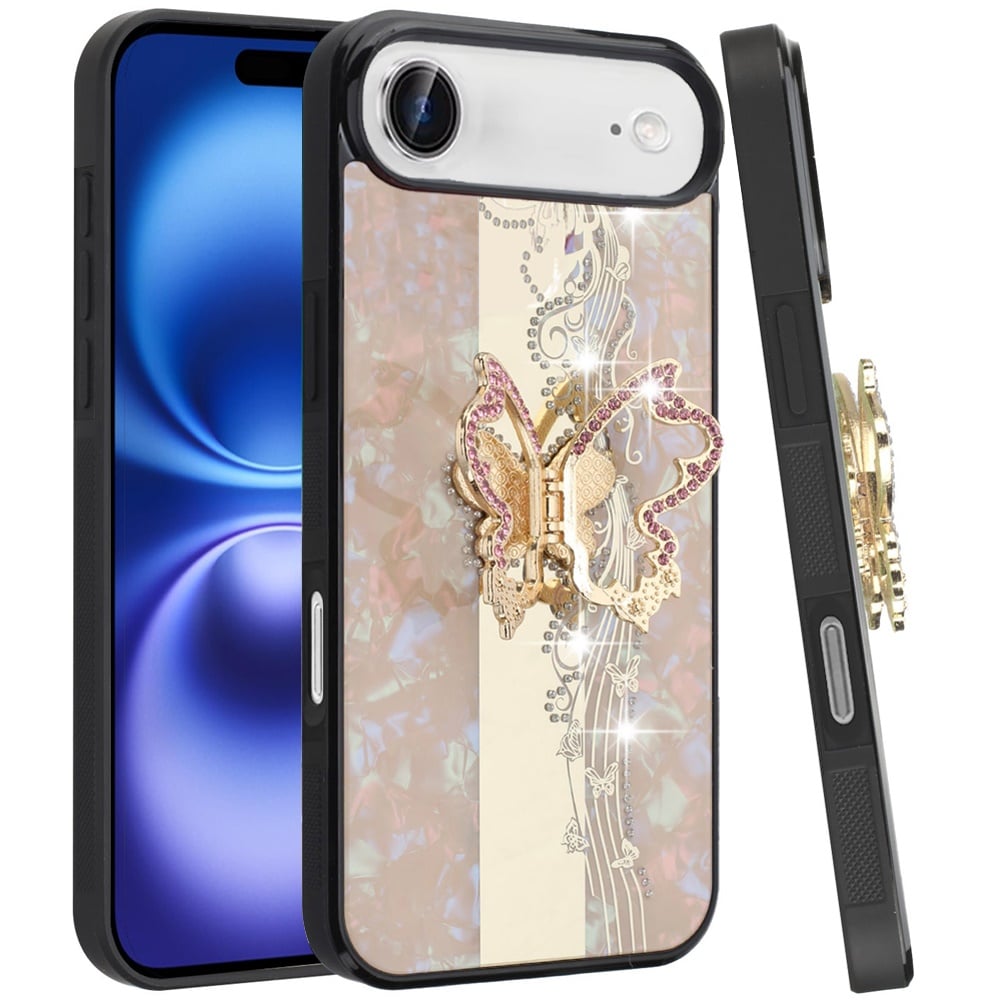 For Apple iPhone 17 Air (6.6") Diamonds 3D Fashion Bling Sparkly Glitter Ornaments Engraving Hybrid with Ring Stand Case Cover