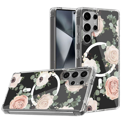 For Samsung Galaxy S25 Ultra Hybrid Flower Design Stylish Fashion Case, MagSafe Compatible, Thick Shockproof Hard PC Case Cover