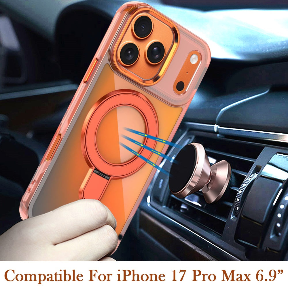 Phone Case for Apple iPhone 17 Pro Max (6.9") Chrome Magnetic Ring Stand Rotational Shockproof Hybrid Kickstand Metal Finish Rugged Drop Protection Armor Cover Cosmic Orange