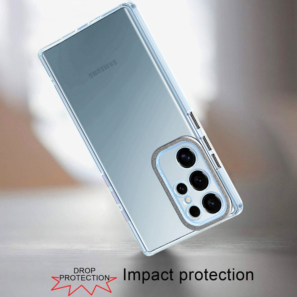 For Samsung Galaxy S23 Ultra Transparent Clear Hybrid with Matching Metal Buttons and Camera Protection Hard PC + TPU Rubber Case Cover