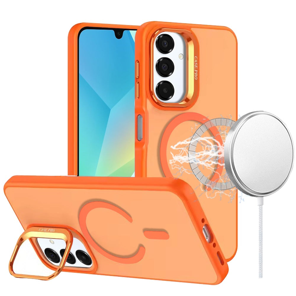 For Samsung Galaxy A16 5G MagSafe Compatible Matte Metallic Stand TPU Hybrid Drop Protection Camera Kickstand Case Cover Cosmic Orange