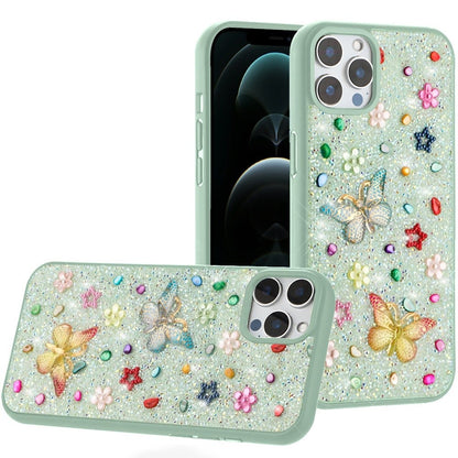 For Apple iPhone 12 Pro Max Diamond Butterfly 3D Glitter Bling Design, Slim Hybrid Sparkle Protective Cover TPU for Women Girls Case Cover Teal