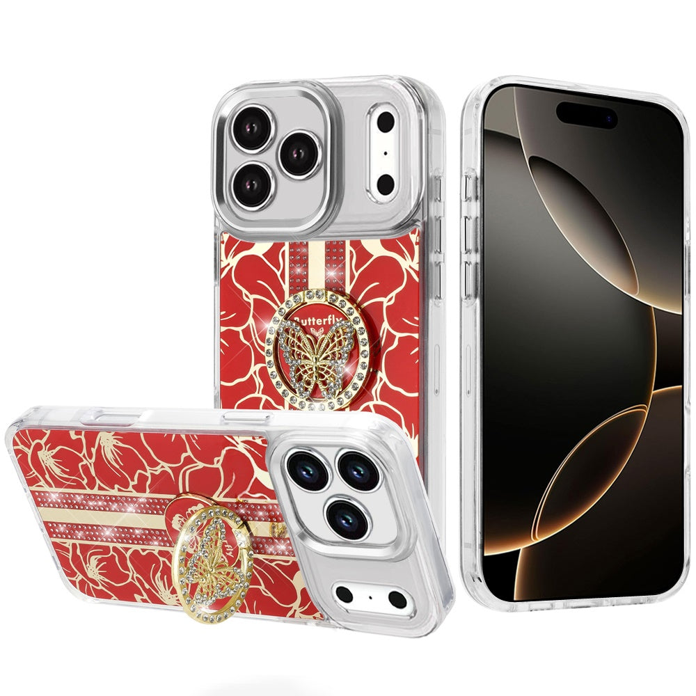 For Apple iPhone 17 Pro Max (6.9") Diamonds 3D Butterfly Floral Design Bling Sparkly Glitter Hybrid Metal Fashion with Ring Stand Case Cover