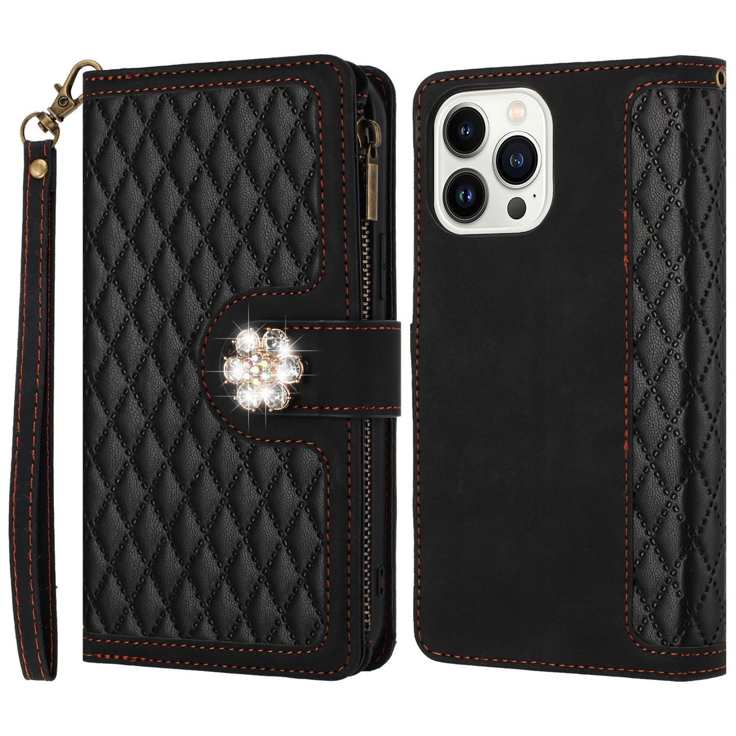 PU Leather Wallet Design Jewel Bling with Credit Card Holder Flip Folio Pouch Zipper Purse Wrist Strap