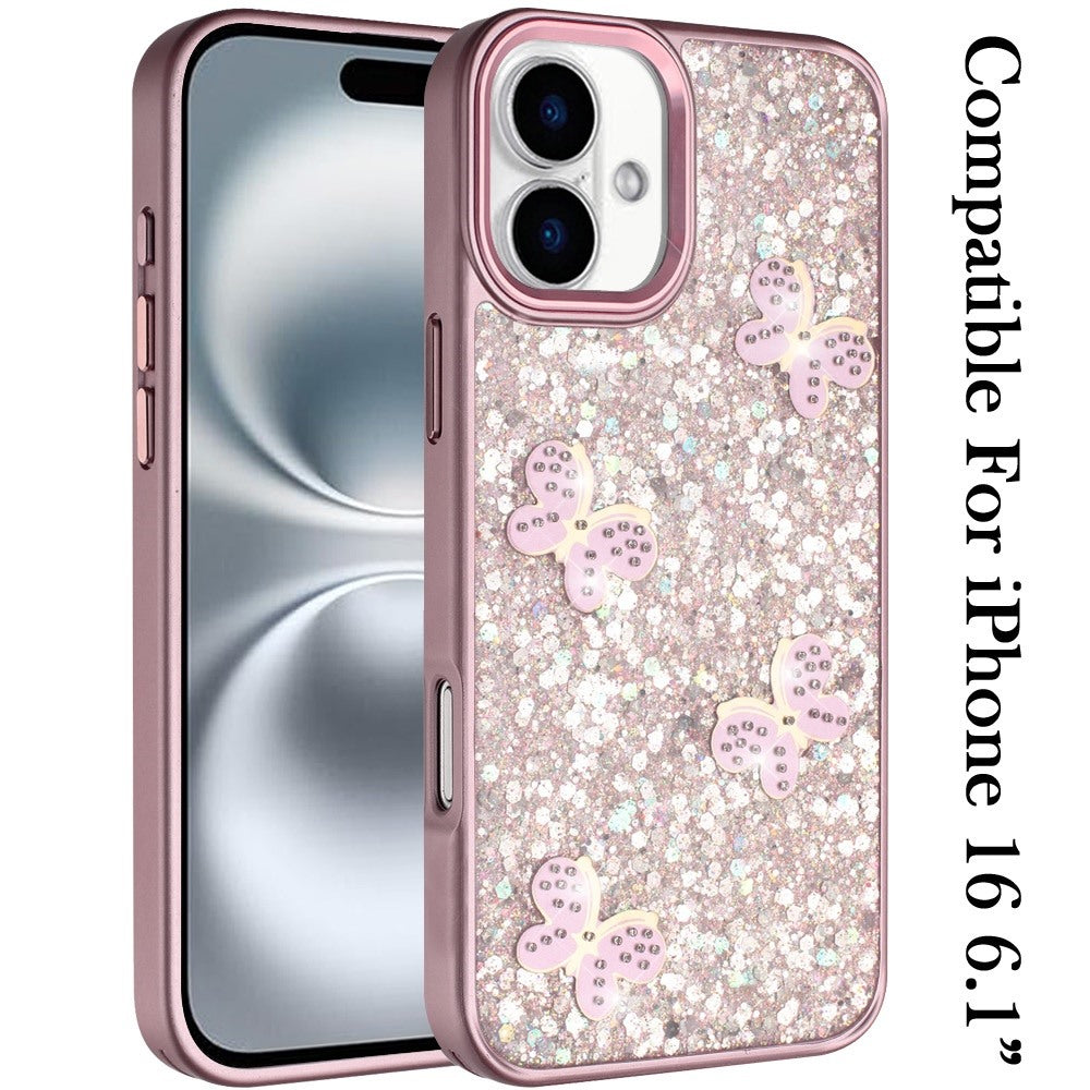 For iPhone 16 (6.1") Cute Butterfly Crystal Diamond Glitter Case Sparkle Bling Frame Metallic Edges, Shimmer TPU Hybrid Case Cover