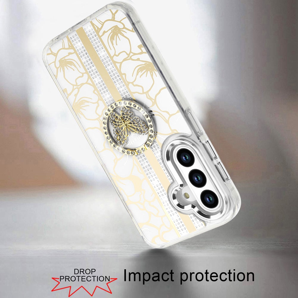 For Samsung Galaxy A17 5G Diamonds 3D Butterfly Floral Design Bling Sparkly Glitter Hybrid Metal Fashion with Ring Stand Case Cover
