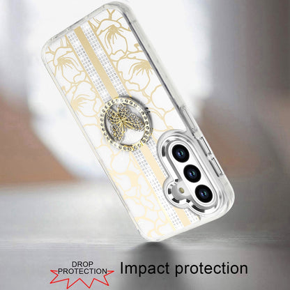 For Samsung Galaxy A17 5G Diamonds 3D Butterfly Floral Design Bling Sparkly Glitter Hybrid Metal Fashion with Ring Stand Case Cover
