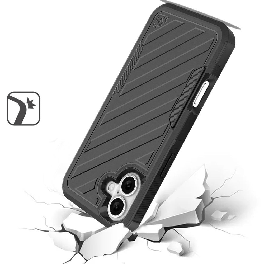 For Apple iPhone 16 (6.1") Premium Design Hybrid lined with Belt Clip Holster Shockproof Rugged Textured 2in1 Non Slip Tough Case Cover Black