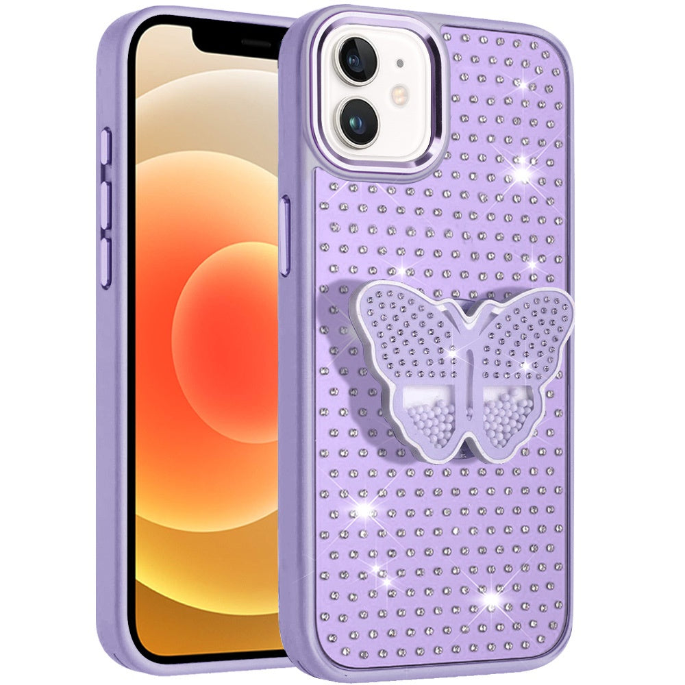 For Apple iPhone 15 Butterfly Moveable Grip 3D Pop Stand Full Diamond Bling Sparkling TPU Fashion Hybrid Case Cover