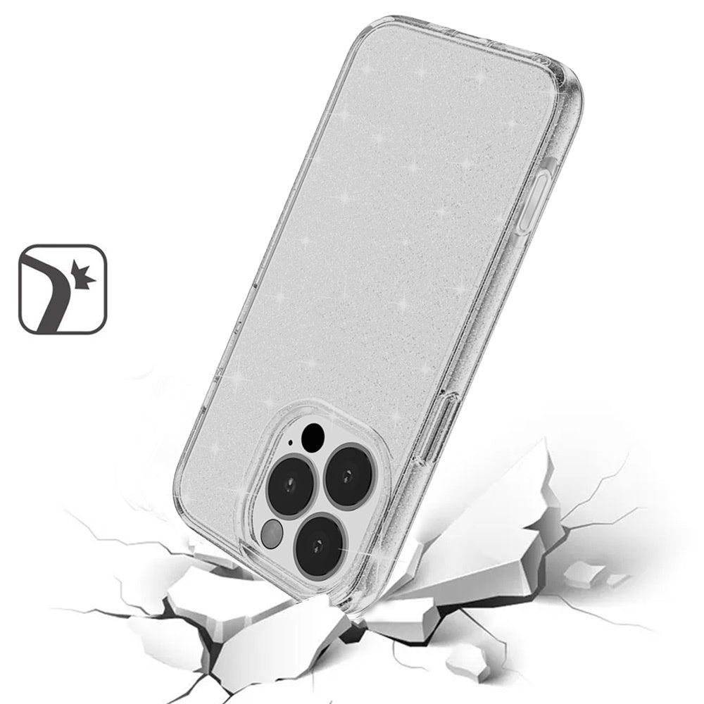 For Apple iPhone 16 (6.1") Transparent Glitter Shiny Sparkle Bling TPU Rubber Hard Back Hybrid Frame Shockproof Case Cover