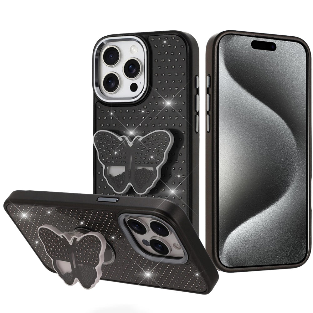 For Apple iPhone 17E /16E Butterfly Moveable Grip 3D Pop Stand Full Diamond Bling Sparkling TPU Fashion Hybrid Case Cover