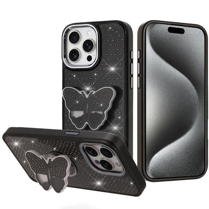 For Apple iPhone 17E /16E Butterfly Moveable Grip 3D Pop Stand Full Diamond Bling Sparkling TPU Fashion Hybrid Case Cover