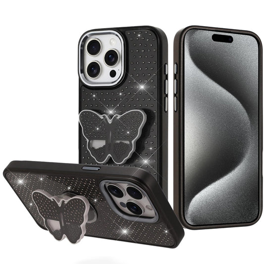 For Apple iPhone 16 Pro Max Butterfly Moveable Grip 3D Pop Stand Full Diamond Bling Sparkling TPU Fashion Hybrid Case Cover