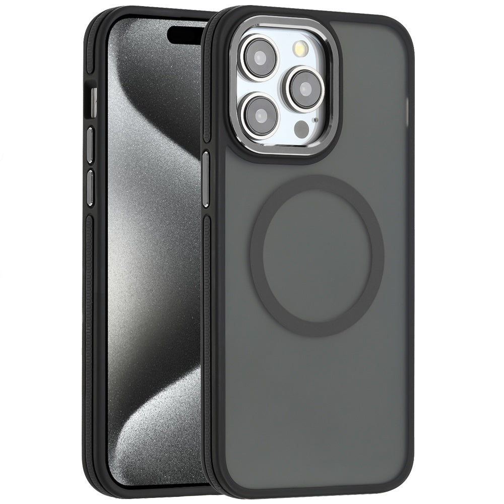 For Apple iPhone 15 Frosted Translucent Back Hybrid Case with Magnetic Circle; MagSafe Compatible, Military Grade Shockproof, Slim Design Case Cover Black