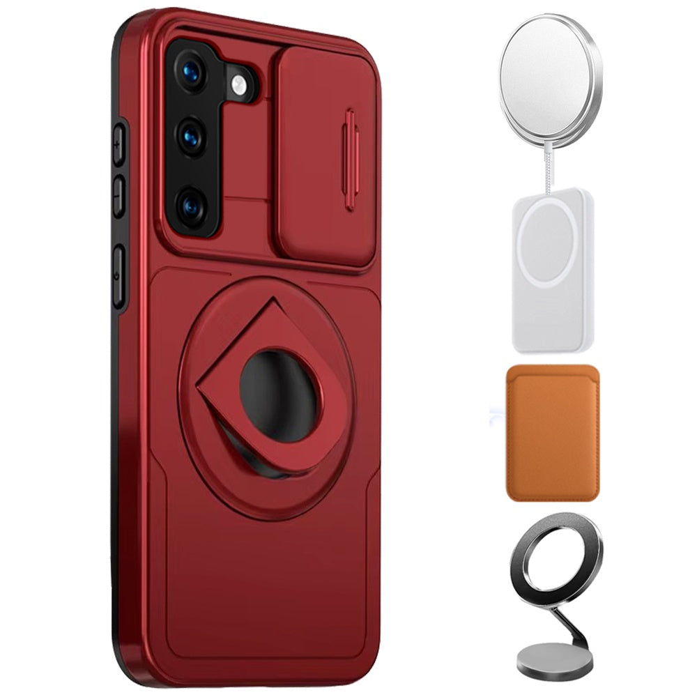 For Samsung Galaxy S21 FE /Fan Edition Full Coverage with Camera Window, Magnetic Circle, Rotatable Ring Stand, MagSafe Compatible, Shockproof Hybrid Protectiv Case Cover Red