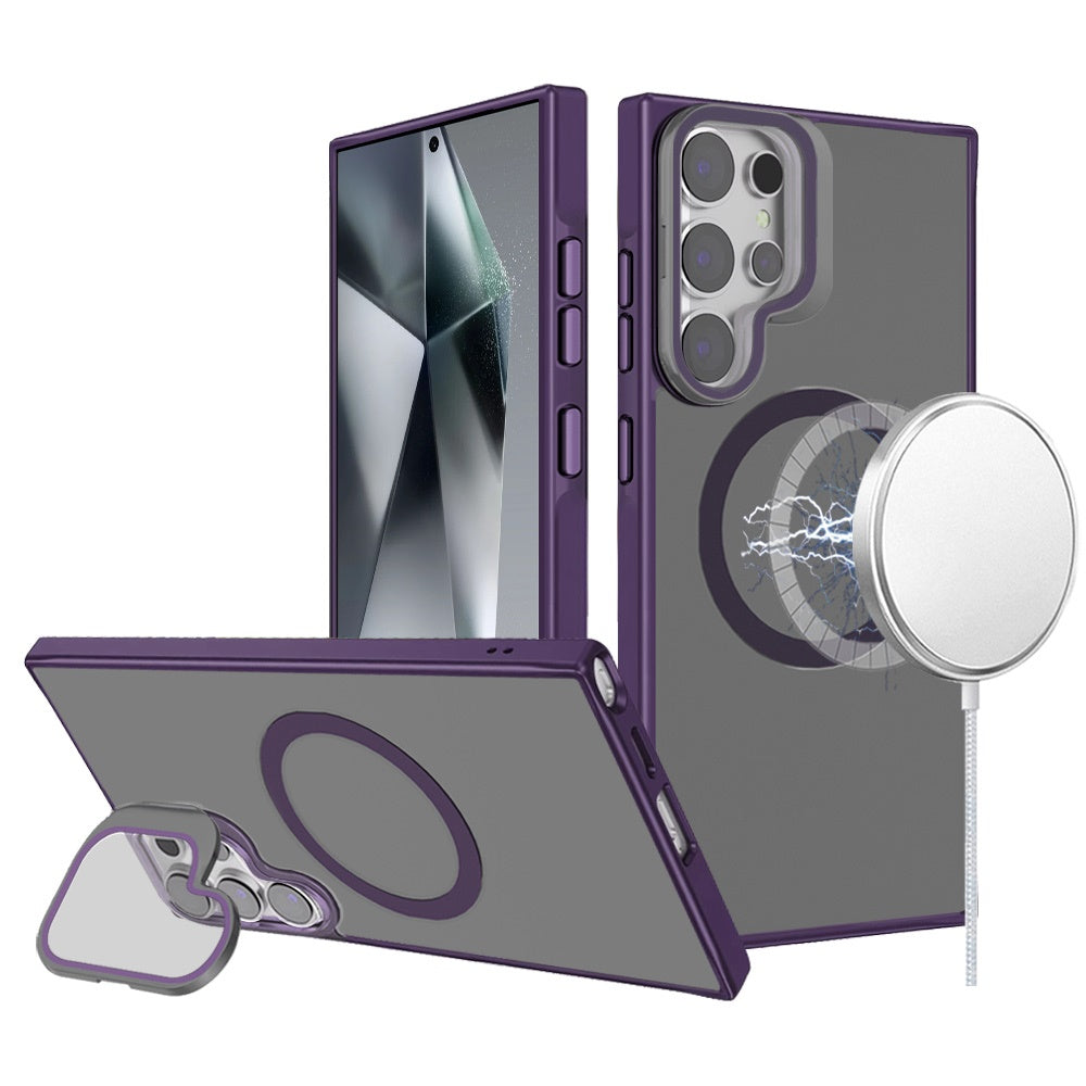 For Samsung Galaxy S25 Ultra Tough HQ Hybrid Case with Aluminum Frame Camera Stand, Compatible with MagSafe, Translucent Matte Shockproof Case Cover