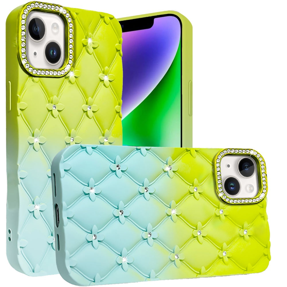 For iPhone 14/13 (6.1") Fashion Flower Design Sparkle Glitter Shimmer Rhinestone Bling Floral Accents, Leather Texture TPU Case Cover Light Green/Teal