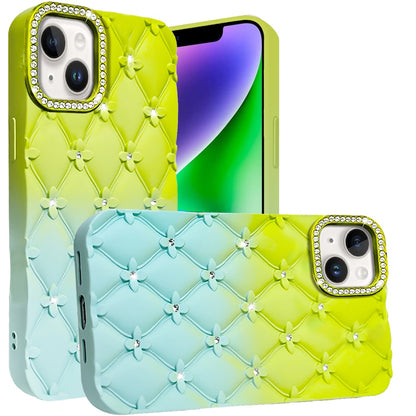 For iPhone 14/13 (6.1") Fashion Flower Design Sparkle Glitter Shimmer Rhinestone Bling Floral Accents, Leather Texture TPU Case Cover Light Green/Teal