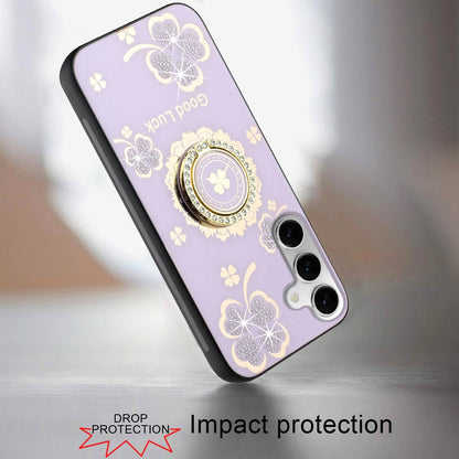 For Samsung Galaxy S20 Diamonds 3D Fashion Floral Bling Sparkly Glitter Ornaments Engraving Hybrid with Ring Stand Case Cover Purple Good Luck Floral