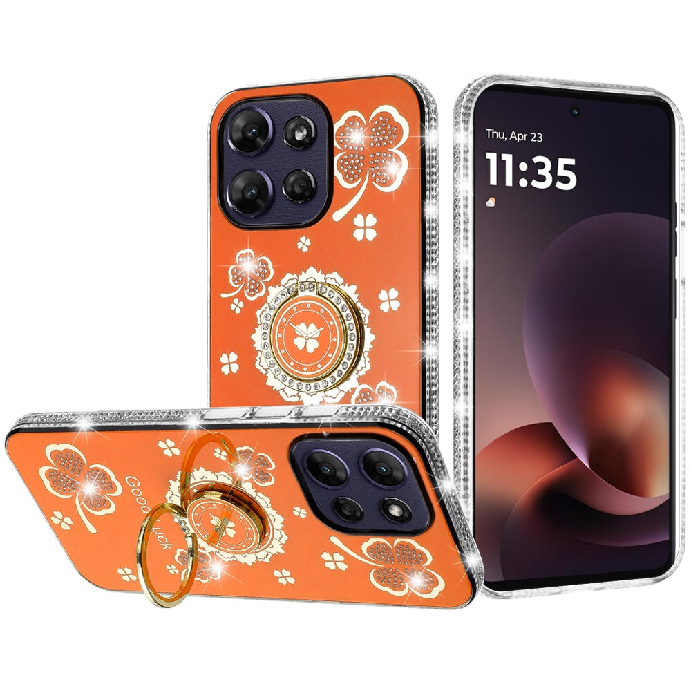 For Motorola Moto G Power 5G 2026 /2025 Diamonds Bling All Around Edges Sparkly Glitter Hybrid with Ring Stand Holder Fashion Good Luck Case Cover Cosmic Orange