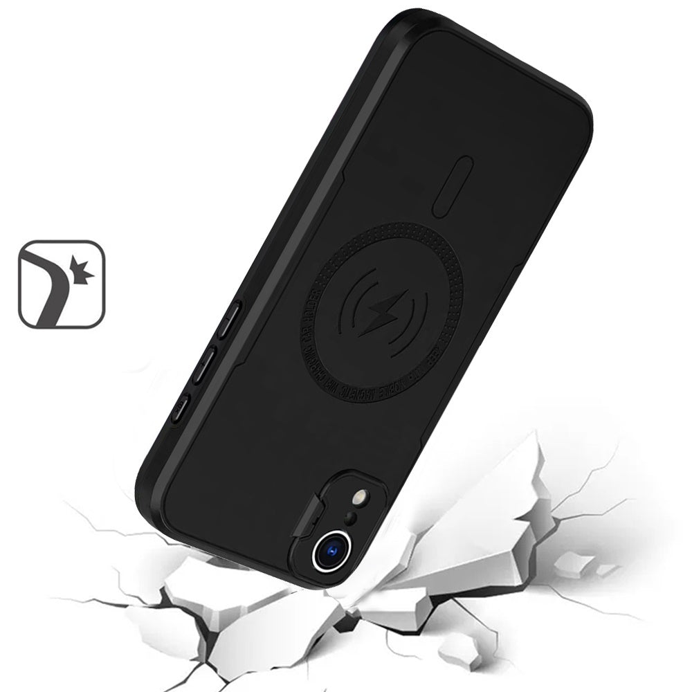 For iPhone XR Foldable Camera Protector Kickstand with MagSafe Compatible, Dual Layer Hybrid Shockproof Case Cover Black