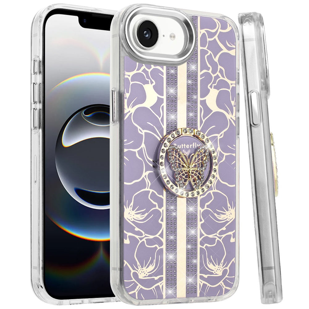 For Apple iPhone 17E /16E Diamonds 3D Butterfly Floral Design Bling Sparkly Glitter Hybrid Metal Fashion with Ring Stand Case Cover