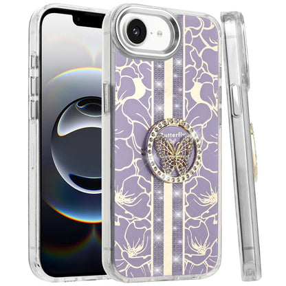 For Apple iPhone 17E /16E Diamonds 3D Butterfly Floral Design Bling Sparkly Glitter Hybrid Metal Fashion with Ring Stand Case Cover