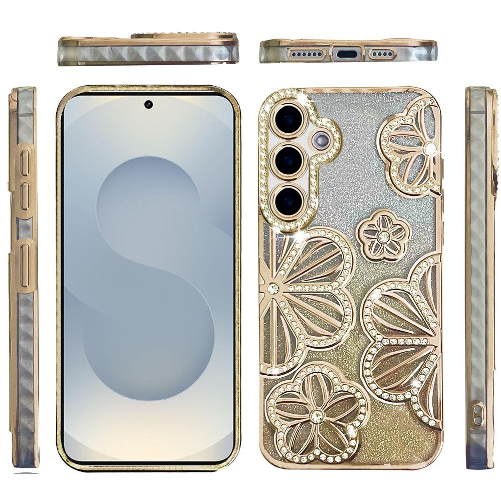 For Samsung Galaxy S26 Luxury Flower Design Sparkle Glitter Diamond Rhinestone Shimmer Bling Plating Thick TPU Hard PC Case Cover
