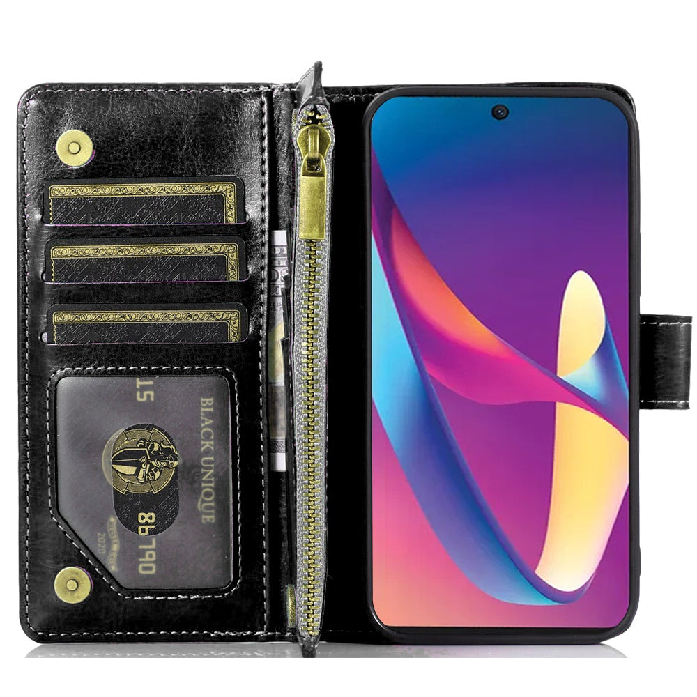 For T-Mobile Revvl 7 5G Leather Zipper Wallet Case 9 Credit Card Slots Cash Money Pocket Clutch Pouch Stand & Strap Case Cover Black