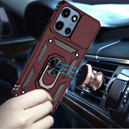 For Motorola Moto G 5G 2025 Hybrid Ring Shockproof with 360° Rotate Ring Kickstand, Camera Lens Protection, Soft Edge Bumper Case Cover Burgundy
