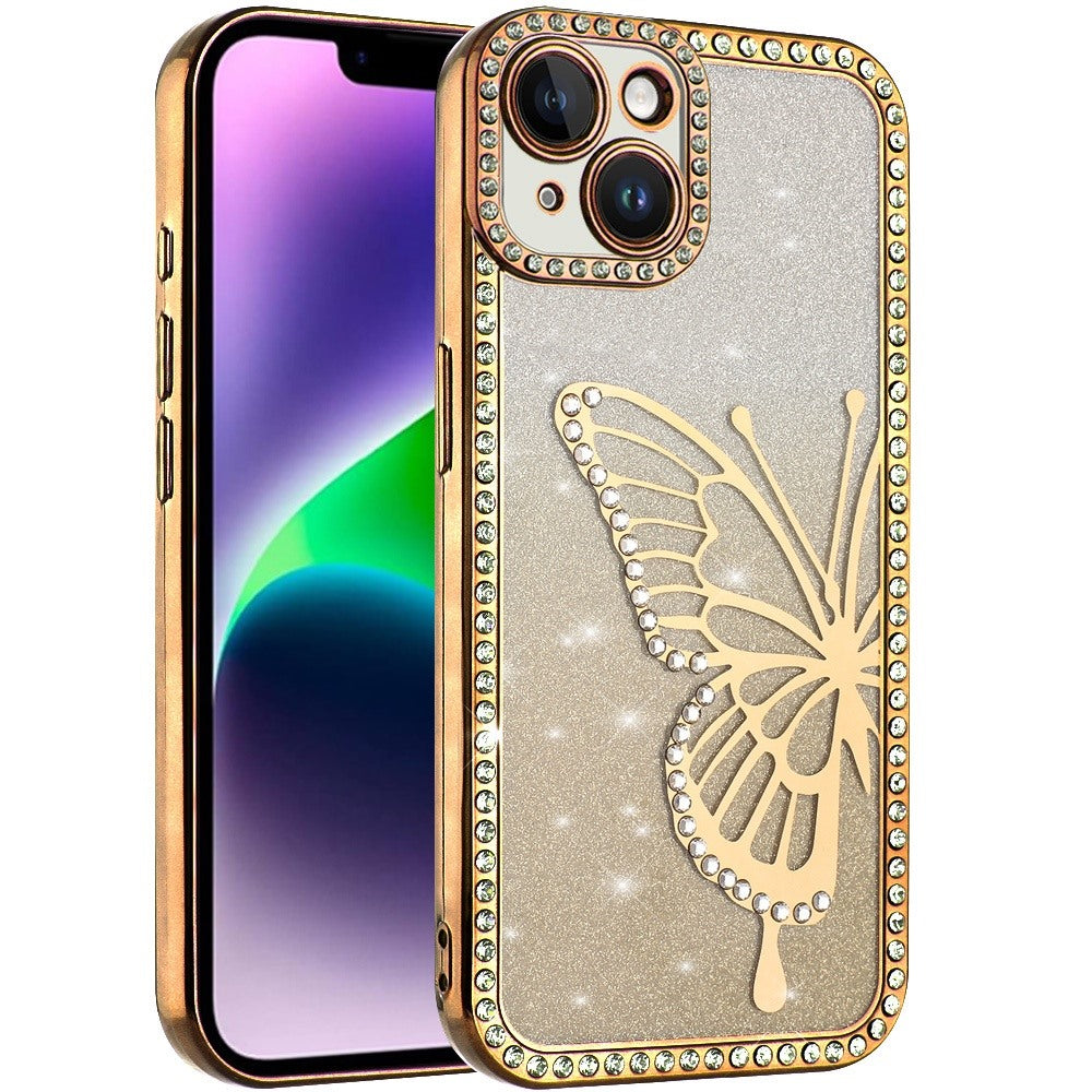 For Apple iPhone 16 (6.1") Butterfly Glitter Diamond Shimmer Hybrid Slim & Stylish Electroplated Sparkly Bling Shockproof TPU Protective Case Cover