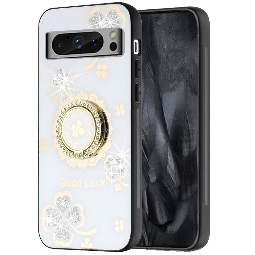 For Samsung Galaxy Z Flip 7 FE Diamonds 3D Fashion Floral Bling Sparkly Glitter Ornaments Engraving Hybrid with Ring Stand Case Cover White Good Luck Floral