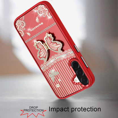 For Samsung Galaxy A36 Glitter 3D Butterfly Design Bling Metallic Edge Hybrid Stand Drop Protection TPU Shockproof Case Cover Red