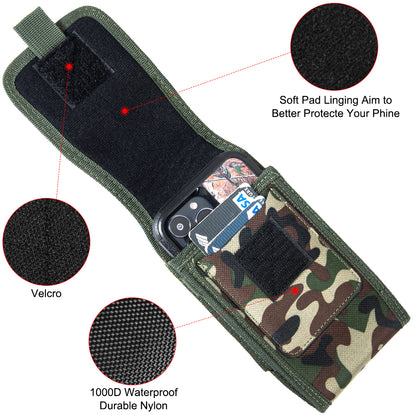 For Apple iPhone 16 Plus (6.7") Universal Vertical Pouch Case Camouflage Cell Phone Holster with Belt Clip Loop, Carabiner & Credit Card Slot Cover [Camo Green]