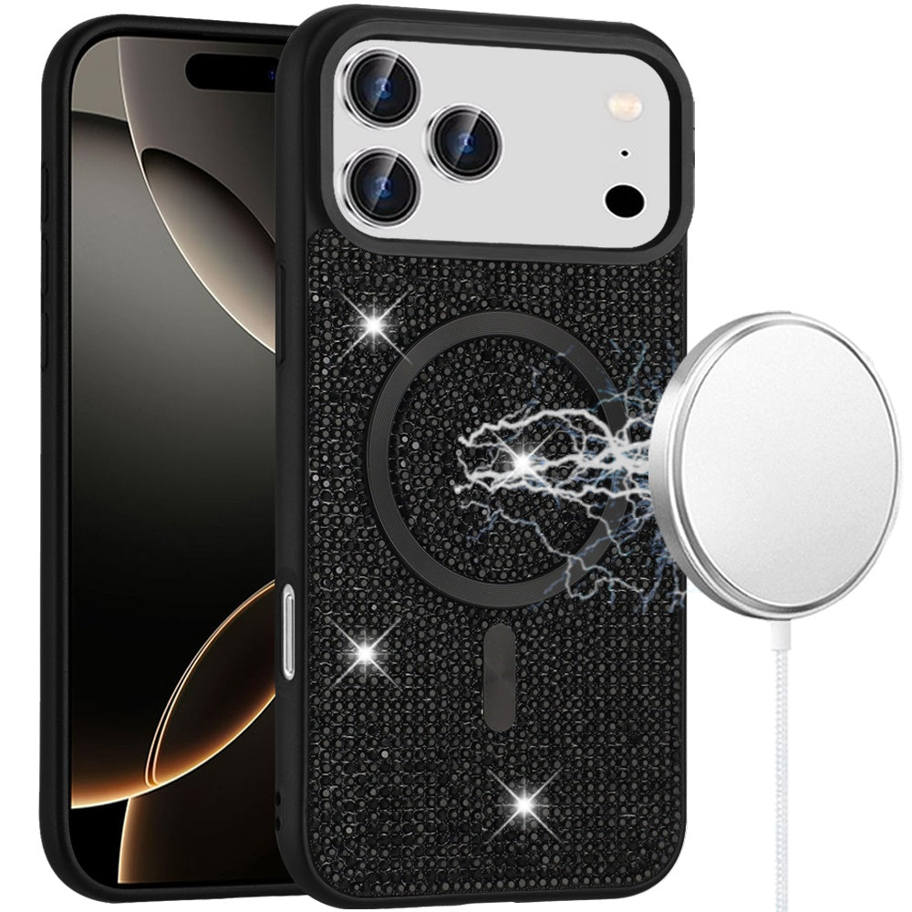 For Apple iPhone 17 Pro Max (6.9") Sparkly Diamond Bling Case Rhinestone Skin Hybrid with Magnetic Circle, MagSafe Compatible Case Cover Purple