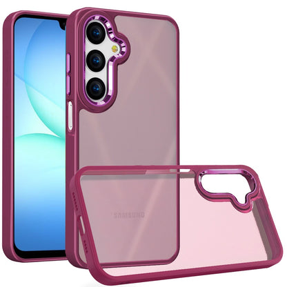 For Samsung Galaxy A17 5G Slim Fit Hybrid Transparent Thick Acrylic with Metal Buttons Frame Protective Hard PC + TPU Shockproof Case Cover Burgundy