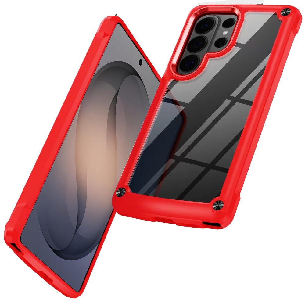 For Samsung Galaxy S21 Ultra Hybrid Transparent Rubber with Metal Buttons & Camera Edges Hard TPU Corner Frame Bumper Case Cover Red
