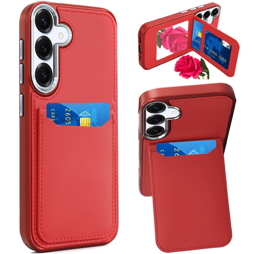 For Samsung Galaxy S25+ /S25 Plus /S24+ Plus PU Leather Wallet Cover with Credit Card Holder, Kickstand & Mirror Inside Slim Fit TPU & PC Hybrid Design Case Cover