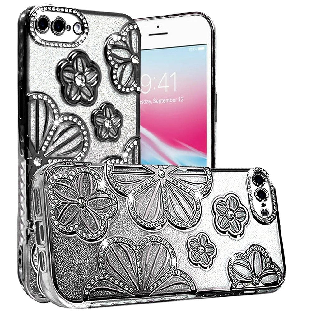 For iPhone 8 Plus / iPhone 7 Plus Luxury Flower Design Sparkle Glitter Diamond Rhinestone Shimmer Bling Plating Thick TPU Hard PC Case Cover Silver