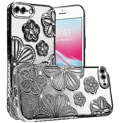 For iPhone 8 Plus / iPhone 7 Plus Luxury Flower Design Sparkle Glitter Diamond Rhinestone Shimmer Bling Plating Thick TPU Hard PC Case Cover Silver