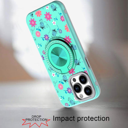 For Apple iPhone 16e Pattern Design Hybrid with Invisible Ring Stand & Magnetic Back, Shockproof Protective Grip Case Cover Flower Bee Teal