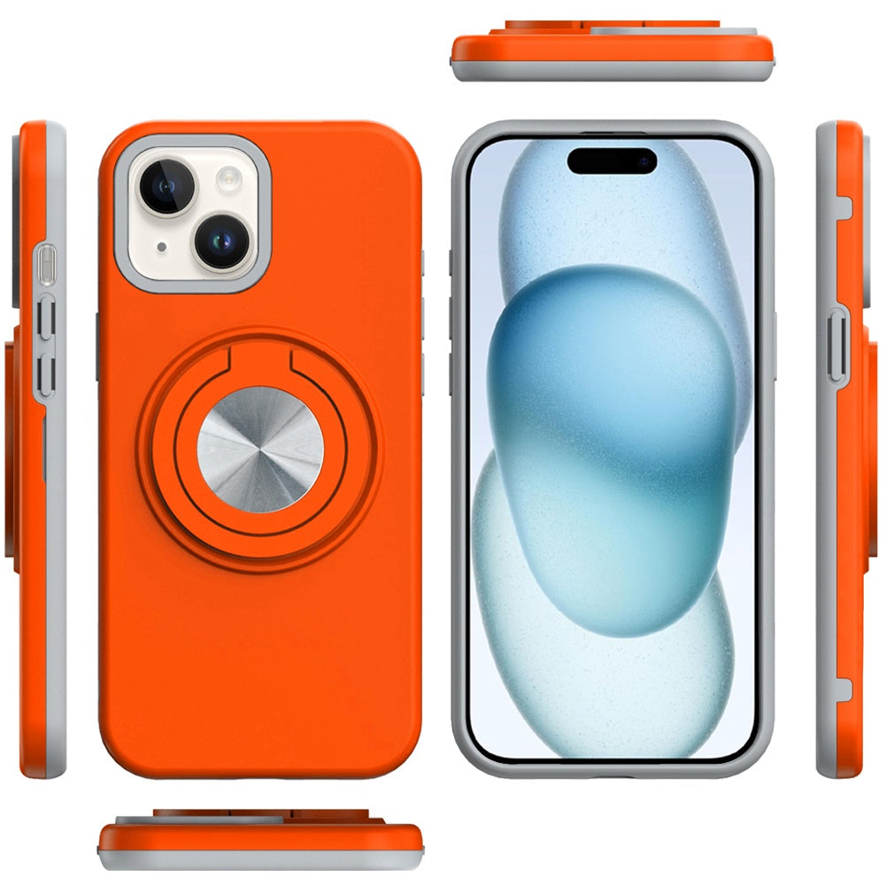 For iPhone 15 (6.1") Metal Matte Hybrid with Invisible Rotational Ring Stand, Car Mount Friendly, Military Grade Slim Fit Sturdy Case Cover Cosmic Orange
