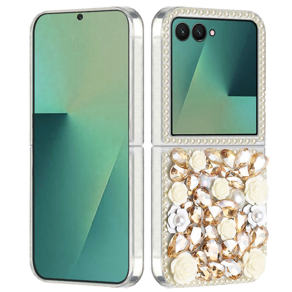 For Samsung Galaxy Z Flip 7 Fashion Rose Flower Floral Bling Crystal 3D Full Diamonds Pearl Sparkle Rhinestone Glitter Hybrid Case Cover