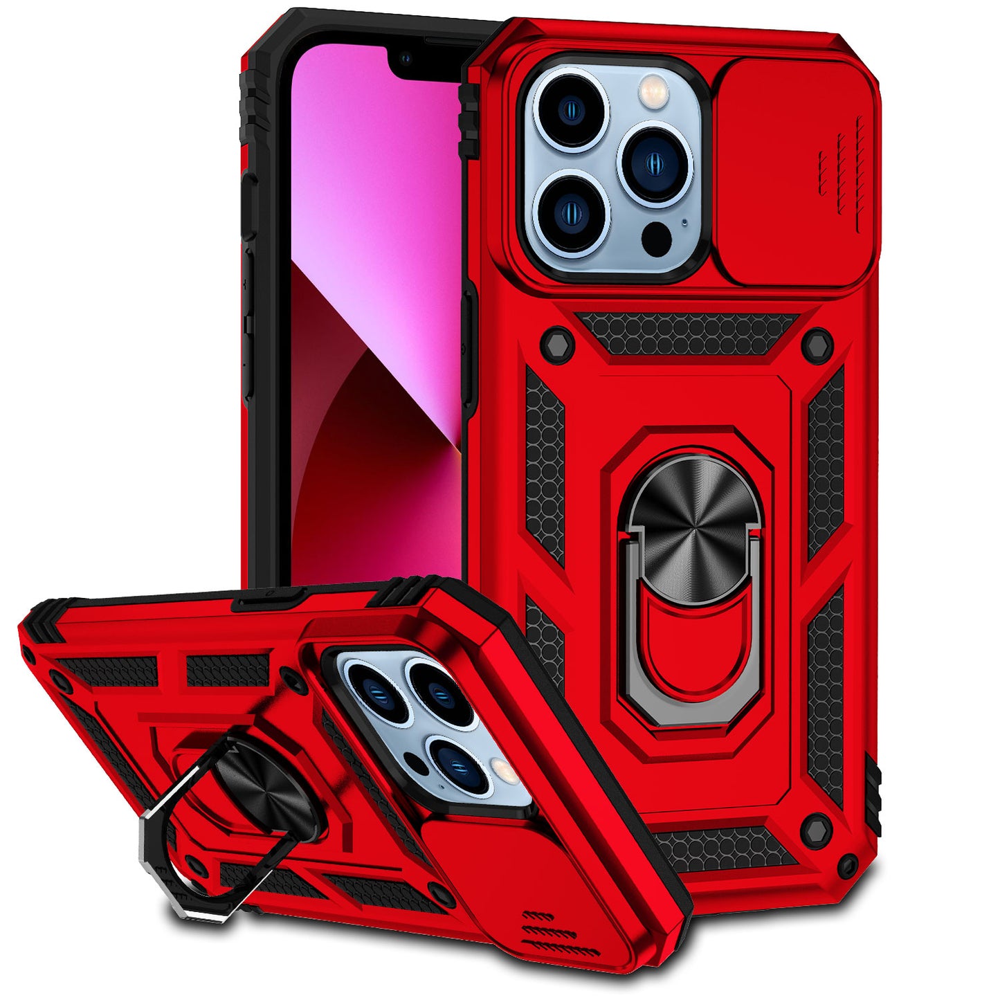 For Apple iPhone 11 Hybrid Ring Shockproof with 360° Rotate Ring Kickstand, Camera Lens Protection, Soft Edge Bumper Case Cover Red