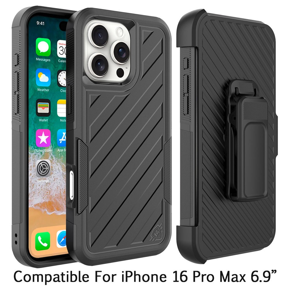 For Apple iPhone 16 Pro Max (6.9") Premium Design Hybrid lined with Belt Clip Holster Shockproof Rugged Textured 2in1 Non Slip Tough Case Cover Black