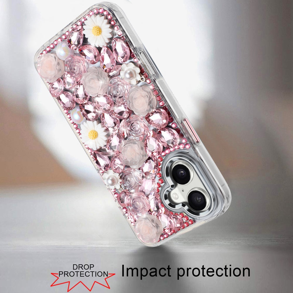 For Apple iPhone 16 Pro (6.3") Fashion Daisy Floral Series, Full 3D Bling Crystal Diamonds Sparkling Rhinestone Glitter Hybrid Design Case Cover Pink