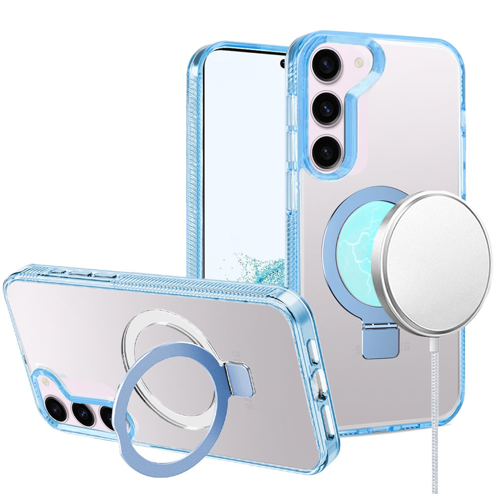 For Apple iPhone 17E /16E Transparent Magnetic Ring Circle Stand with MagSafe Compatible Hybrid Dotted Edged Hard PC Shockproof Case Cover Light Blue