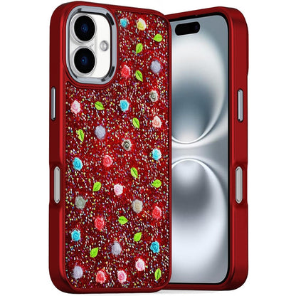 For Apple iPhone 16 Plus (6.7") Floral Design Embedded Glass Diamond Fancy Fashion Glitter Bling Sparkly Hybrid Rugged TPU Bumper Case Cover
