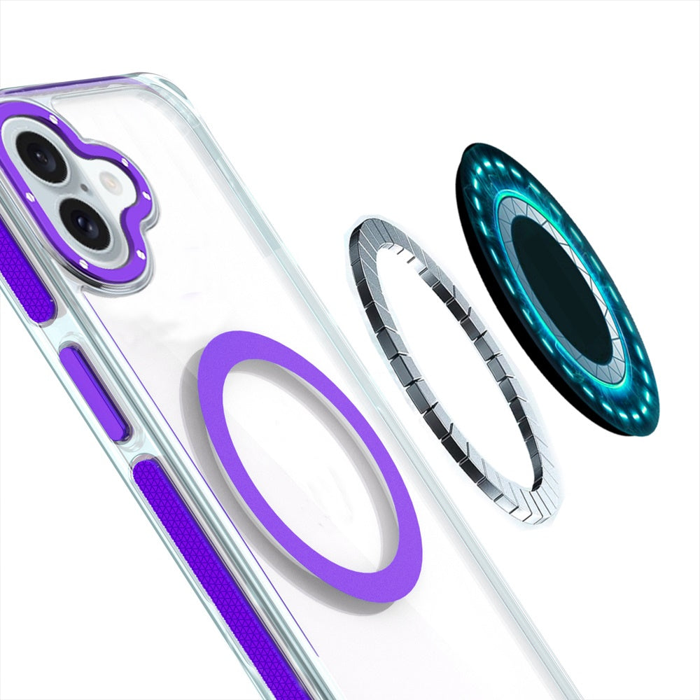 For Apple iPhone 16 Plus (6.7") Transparent back with Colorful Frame Strong Magnetic Circle [Compatible with Magsafe] Shockproof Case Cover Clear Purple