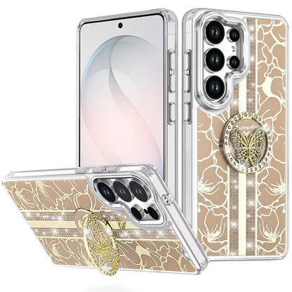 For Samsung Galaxy S26 Ultra Diamonds 3D Butterfly Floral Design Bling Sparkly Glitter Hybrid Metal Fashion with Ring Stand Case Cover